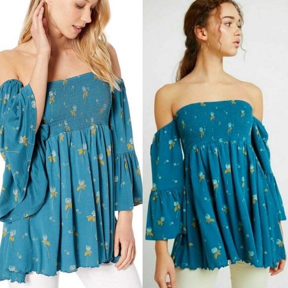 Nwt Free People Lana Off Shoulder Mermaid Tunic Blue Size Small Bell Sleeve Boho - Picture 5 of 8